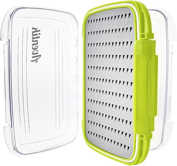 Aventik Waterproof Clear Fly Box Double Sides Floating Lightweight Fly Fishing Case Large Capacity Grip Foam Nymph Wet Dry Flies Lure Box(H18 Green, SIZE C:7.32X4.56X1.57inch)