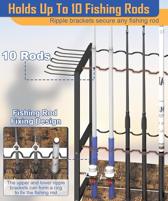 Fishing Rod Holders for Garage, Fishing Pole Holder Stand with Multifunctional Hook, 4 Tier Fishing Gear Equipment Organizers Rack, Fits Most Rods of 1.58" for Home Entryway Corner