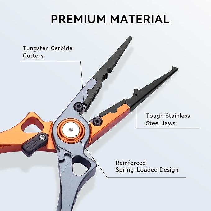Fishing Pliers Hook Remover, Saltwater Split Ring Pliers with Safety Lock, Fishing Gear with Sheath and Lanyard, Fishing Gifts for Men