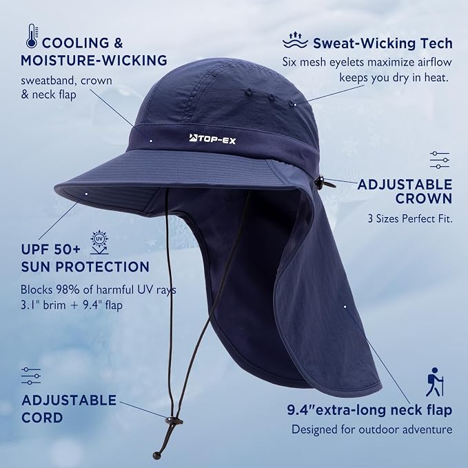 TOP-EX Cooling Sun Hat with Neck Flap – UPF 50+ Wide Brim Breathable Hat for Hiking, Fishing & Big Heads