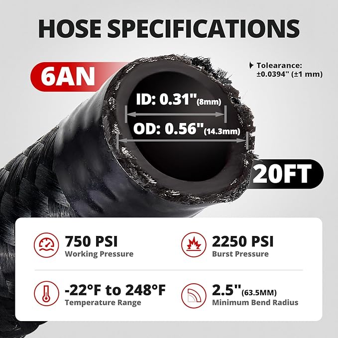 EVIL ENERGY 6AN Fuel Line, AN6 Braided Fuel Hose Nylon CPE 20FT Black