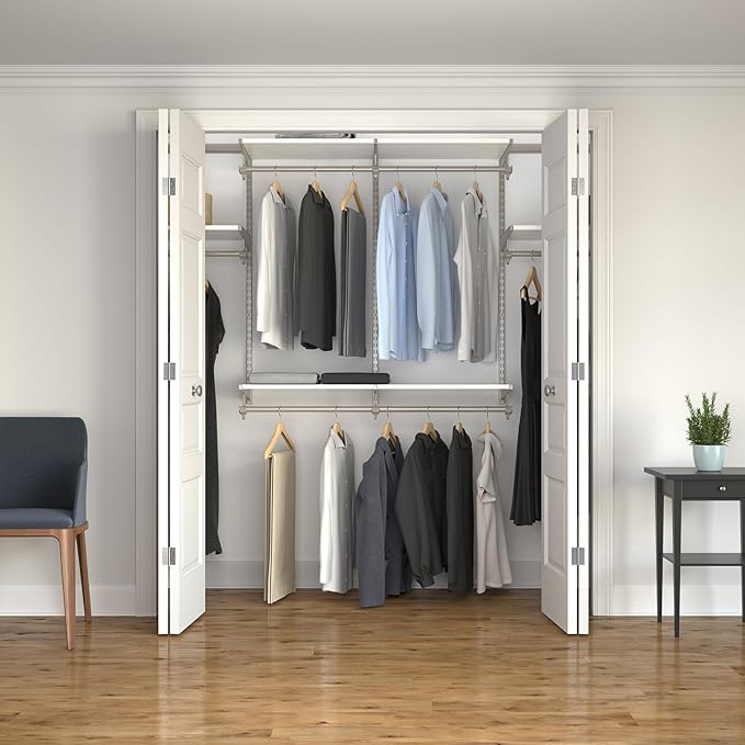Closet Culture Steel Closet Organization System, Mounted Storage Kit with Shelves and Hanging Rods, 8 ft., 0300-KITA-8WT. White Finish