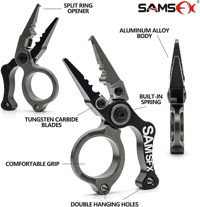 SAMSFX Mini Fishing Pliers with Fly Fishing Zinger Retractor, Fish Hook Remover Tool, Split Ring Pliers for Saltwater & Freshwater, Tungsten Carbide Cutters, Fishing Gear Gift for Anglers