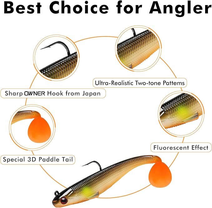 TRUSCEND Shadtale Easy Catch Soft Fishing Lures with BKK Hooks - Trembly Sinking and Vibrating Swim for More Bites, Pre-Rigged Swimbaits for Bass, Trout, Crappie, Walleye, Freshwater Saltwater Fishing