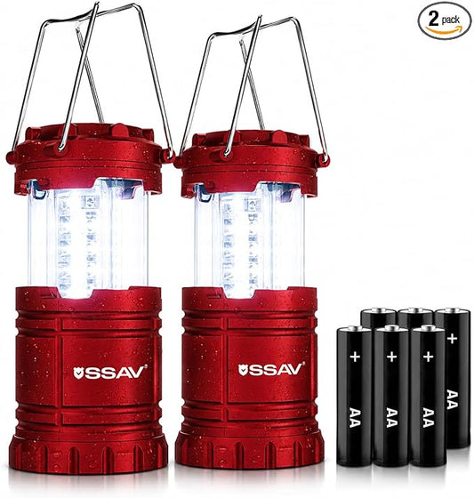 SSAV LED Camping Lantern, Emergency Lanterns for Power Outages & Hurricane Preparedness, Collapsible Portable Survival Lights for Camping, Storms & Emergencies, Batteries Included (2, Red)