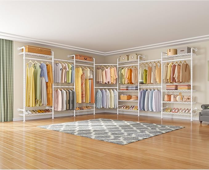 Timate U3 U Shape Heavy Duty Expandable Industrial Pipe Clothing Rack, Wall Mounted L Shaped Closet System, Large Closet Kit, White