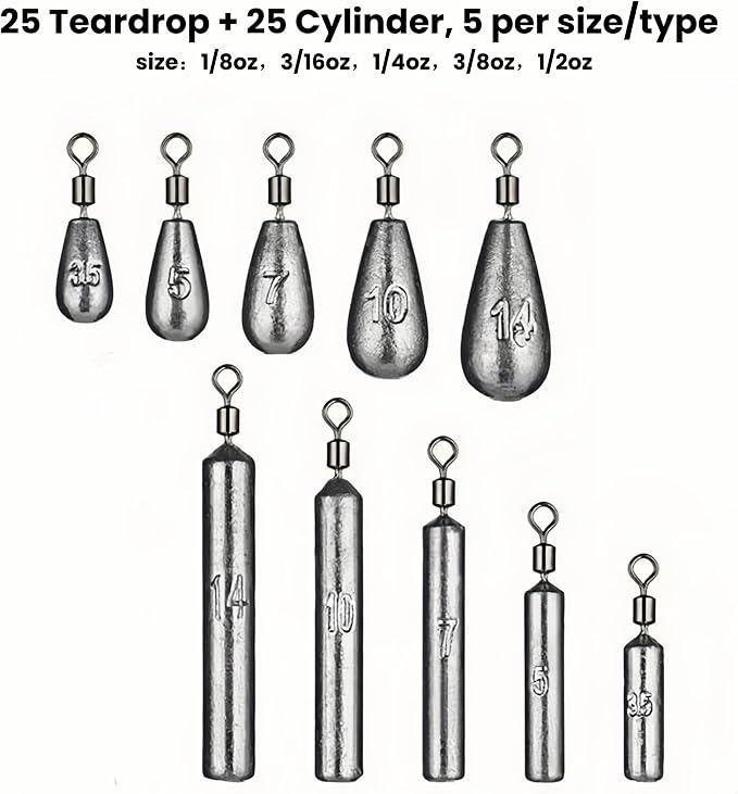 Free Rig Fishing Kit, 50pcs Cylinder＆Teardrop Weights (Size 1/8oz,3/16oz,1/4oz,3/8oz, 1/2oz, 5 Each), 100pcs Offset Hooks＆Straight Hooks (Size 1#,1/0#,2/0#,3/0#,4/0#,10 Each) for Bass Fishing