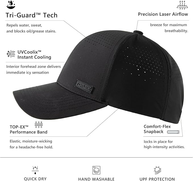 TOP-EX Performance Baseball Cap Water-Resistant Beathable Golf Running Cap Laser Cut Mesh Ball Curved Brim Snapback Hat