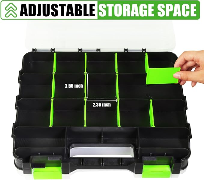 Tool Box with Transparent Lid, Double Side 34-Compartments Organizer Box with Removable Dividers for Hardware, Screws, Bolts, Nails, Beads, Jewelry and Fishing Accessories, Green, 2 Packs