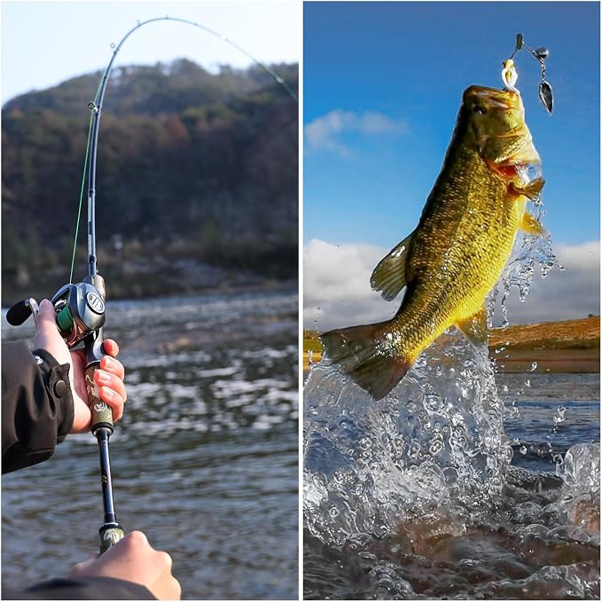 Sougayilang Baitcaster Combo for Freshwater and Inshore, 2 Piece 30Ton+24Ton Graphite Fishing Rod with SuperPolymer Handle, 7.0:1 Gear Ratio Baitcasting Reel, 11+1 Bearings, S Style Hook Keeper