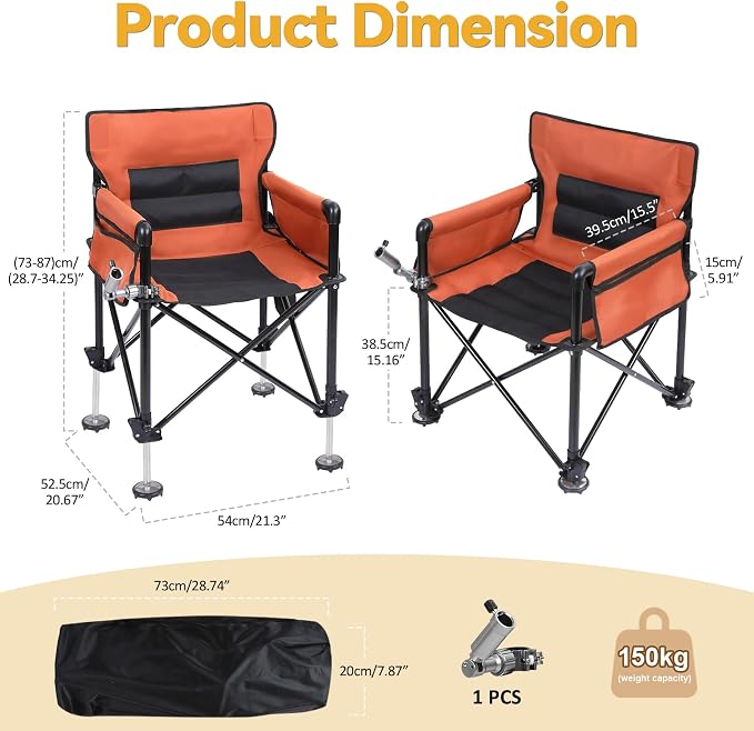Heavy Duty Folding Fishing Chair 220LBS Load Capacity, Portable Compact Camping Chair with 1 Detachable Rod Holders, Adjustable Legs, Storage Bags & Non-Slip Feet for Outdoor Fishing Beach