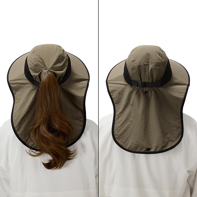 BASSDASH UPF 50+ Unisex Water Resistant Wide Brim Sun Hat with Large Neck Flap Ponytail Fishing Hat for Men Women