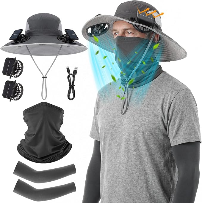 Syhood Solar Powered Fan Hat Neck Gaiter Arm Sleeves Sun Bucket Hat with Fan Cooling Wide Brim Hats for Fishing Hiking