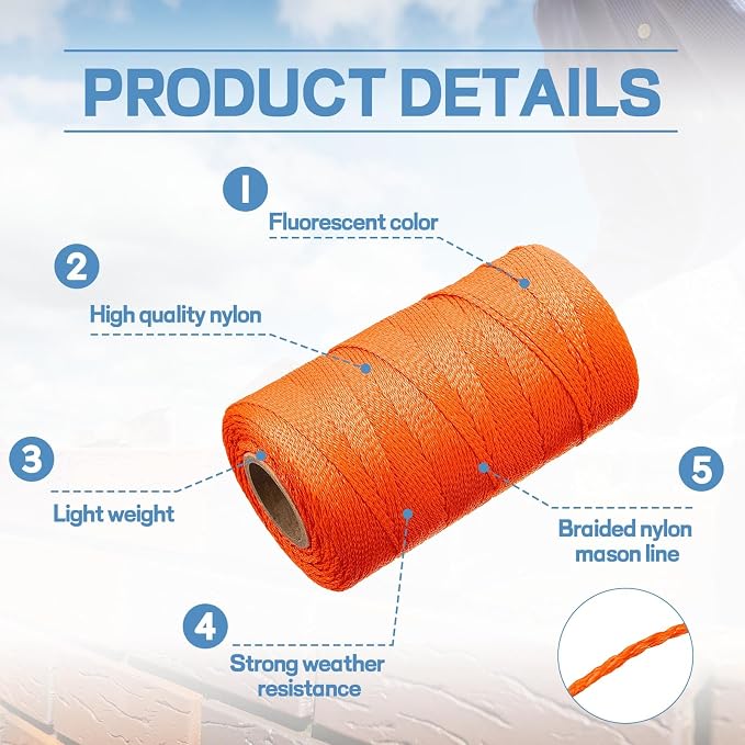 Amylove 12 Roll Mason String Line #18, 500 ft Nylon Braided Construction String Line, Heavy Duty Outdoor Twine Rope for Gardening or Masonry Tools Construction DIY Project, Fluorescent Orange