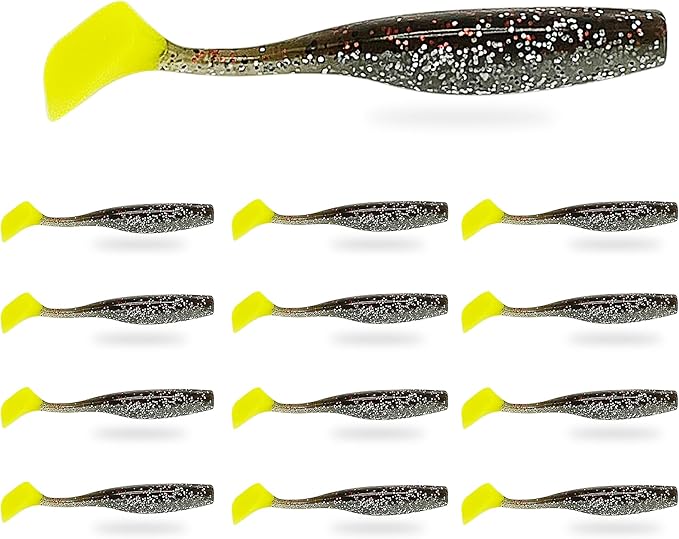 Soft Plastic Paddle Tail Swimbaits Pack of 12 – 3 1/4" & 4" Soft Plastic Fishing Lures with Extra-Large Tail for Lifelike Swimming Action – Freshwater & Saltwater