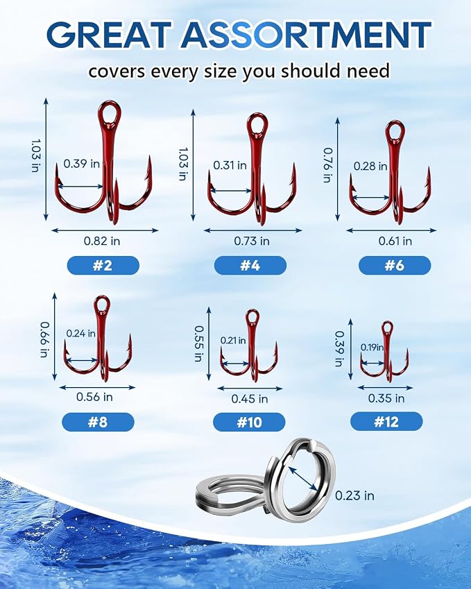 UCEC Fishing Hooks Treble Hooks Kit for Saltwater Freshwater, High Carbon Steel Strong Sharp Round Bend for Catfish Trout Hard Baits Lures, Size #1#2#4#6#8#10#12#14 110/50/210 Pack with Split Rings