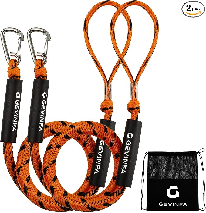Bungee Dock Lines for Boats 4.3 Ft Stretch to 5.6 Ft, 2 Pack Marine Grade Bungee Cords with 316 SS Clips and EVA Floating Sleeve for Jet Ski Kayak Pontoon Boat Accessories (Orange+Black)