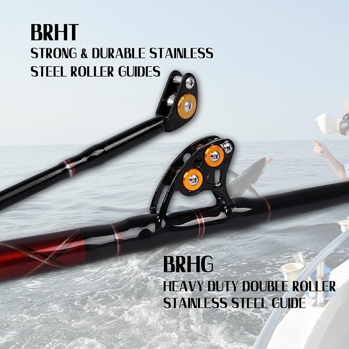 Fiblink Saltwater Fishing Trolling Rod 1-Piece Heavy Duty Roller Rod Big Game Conventional Boat Fishing Pole with Roller Guides (50-80lb/80-120lb/120-200lb)