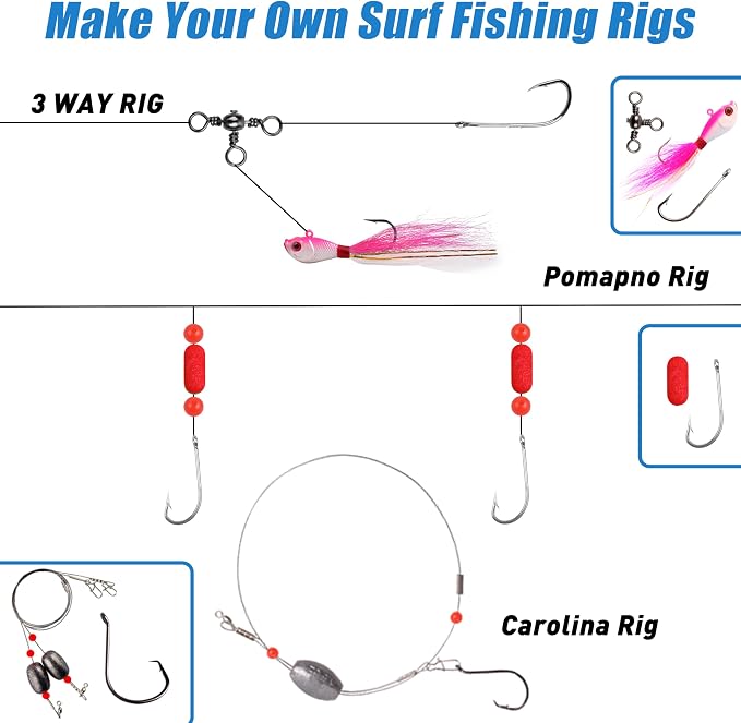 Saltwater Fishing Gear, 180pcs Saltwater Surf Fishing Tackle Kit Saltwater Fishing Lures Fish Finder Rigs Pompano Rig Pyramid Sinker Spoons Fishing Hooks Leaders Swivel Bobbers Various Accessories