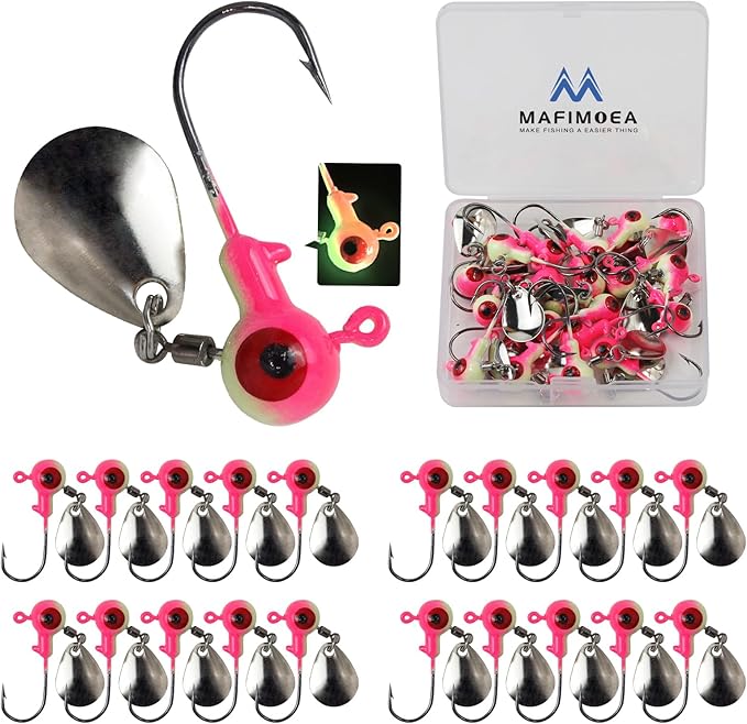 15/20/30Pcs Underspin Jig Heads with Spinner Fishing Jig Heads Hooks Set Crappie Jigs Fishing Jig Hooks Assortment Saltwater Freshwater Bass Crappie Trout Glow in The Dark…