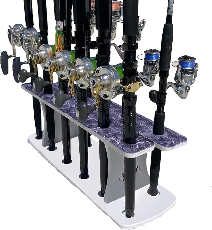 Rush Creek Creations Reel Salty Gray/White/Blue 11-Rod Marine Grade Fishing Rod Holder - Bi-Level Design, UV-Resistant, 100% Waterproof for Garage and Dock