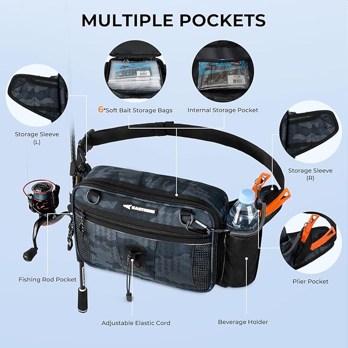 KastKing BaitSpace Waist Bag – Waterproof Tackle Storage Bag With Adjustable Belt, Fishing Fanny Pack for Men, Soft Bait Organizer, 3600 Utility Box, Rod Holder, Nylon