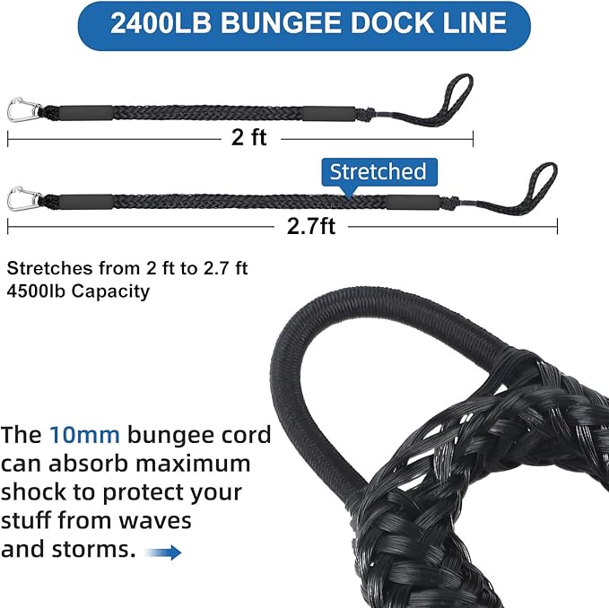 Bungee Dock Lines for Boats 2ft - 2 Pack Heavy Duty Boat Ropes with Clips, Marine Grade PWC Accessories for Jet Ski, SeaDoo, Kayak & Pontoon, Shock Absorbing Mooring Rope