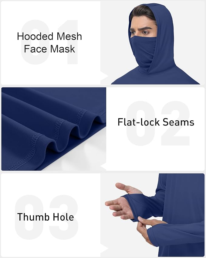 FISHEAL Men's Performance Fishing Hoodie Shirt - UPF 50+ Sun Protection Long Sleeve Thumbholes Shirts with Neck Gaiter