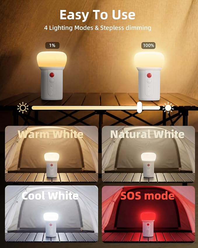 LED Rechargeable Camping Lantern with Hook - 6000mAh Emergency Outdoor Camping Lights, IPX5 Water Resistant Portable Tent Lights for Camping Hiking, Backpacking, Fishing, Outages (White 2pack)