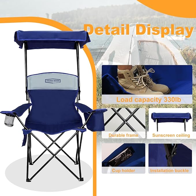 YOUNG WOOD Camping Chair with Canopy, Beach Chair with Shade Lightweight Oversized for All, Easy to Open and Close Without Installation, Side Pocket,Cooling Bag Design for All Activities,Deepblue
