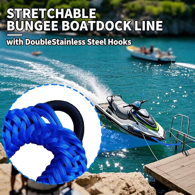Bungee Boat Dock Line, Boat Rope with Double 316 Stainless Steel Clips Accessories for Bass Boat, Kayak, Pontoon, Watercraft, Waverunner, SeaDoo, Canoe,2Packs,4-6FT,Blue