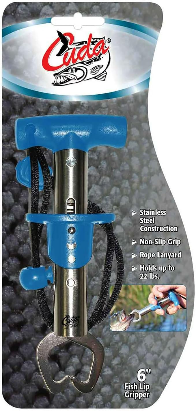 CUDA 6" Fish Lip Gripper, Durable Stainless Steel Up to 22 Lbs Fishing Accessory Tool for Freshwater Fish with Non-Slip T-Handle, Lanyard Included