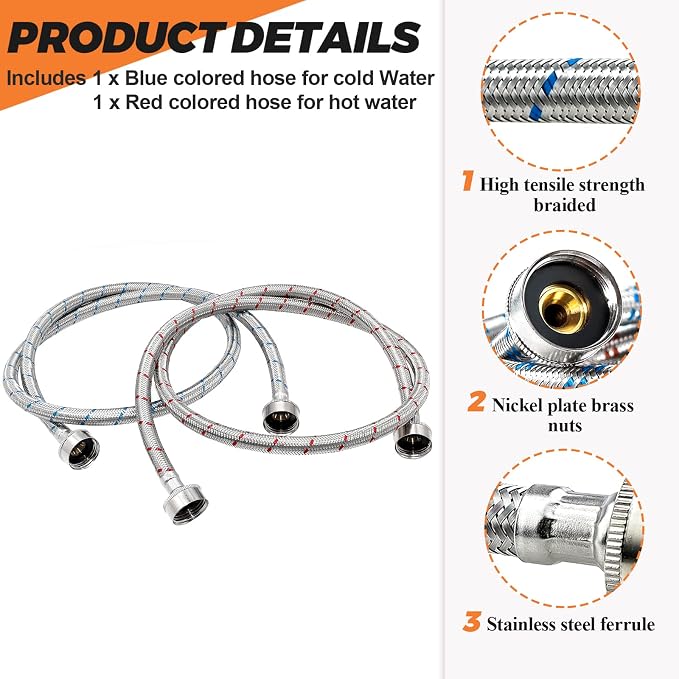 Beaquicy 6 Ft Washer Stainless Steel Hoses Braided Stainless Steel Water Supply Line - Hot and Cold Striped Water Supply Lines for Washing Machine - 2 Pack