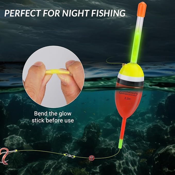 QualyQualy Lighted Fishing Slip Bobber 4-5Pcs Wood/EVA Fish Float + 8-10Pcs Glow Sticks, Night Fishing Light Up Slip Bobber for Crappie Bass Panfish Catfish Walleye