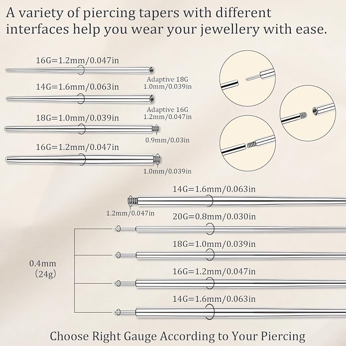14G 16G 18G 20G Piercing Taper Piercing Ball Grabber Tool Stainless Steel Flat Back Earring Applicator Tool Threadless Insertion Pin Curved Body Piercing Kit for Ear/Nose/Navel/Lip/Eyebrow