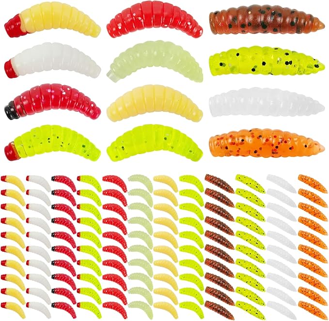 120Pcs Fake Maggots Bass Fishing Worms Lures Soft Plastic Fake Worms Ice Lure Fishing Baits for Bluegill Crappie Walleye Perch
