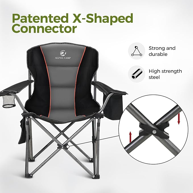 ALPHA CAMP Oversized Camping Chair 500 LBS Capacity Fully Padded Heavy Duty Lawn Chair for Heavy People, Fully Padded Portable Outdoor Chair with Cooler Bag for Camping, Fishing, Beach,1PC
