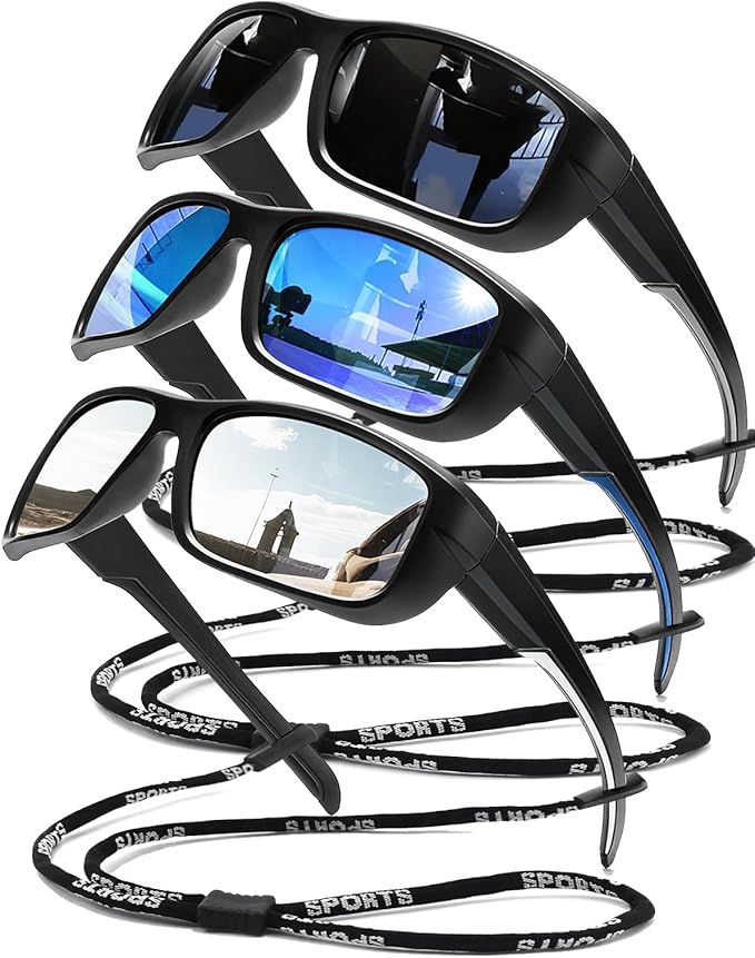 3Pack Polarized Sports Sunglasses for Men, Wrap Around Frame UV400 Goggles Sun Glasses for Cycling Fishing Driving