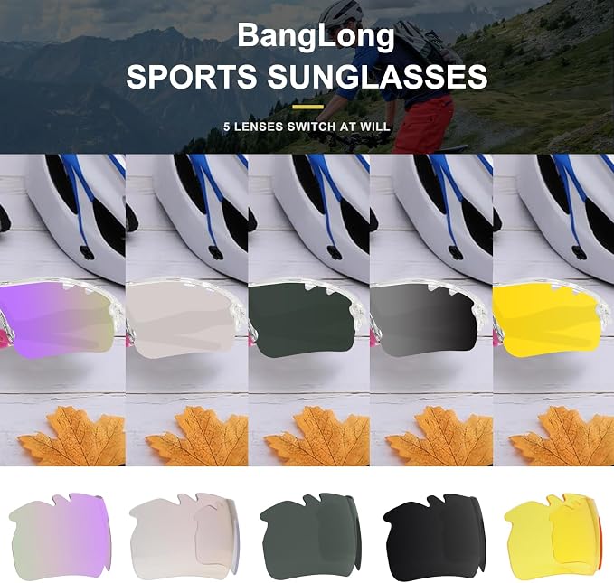 BangLong Polarized Cycling Sunglasses for Men Women, 26g Sports Sunglasses with 5 Lenses for Running Fishing Baseball Driving