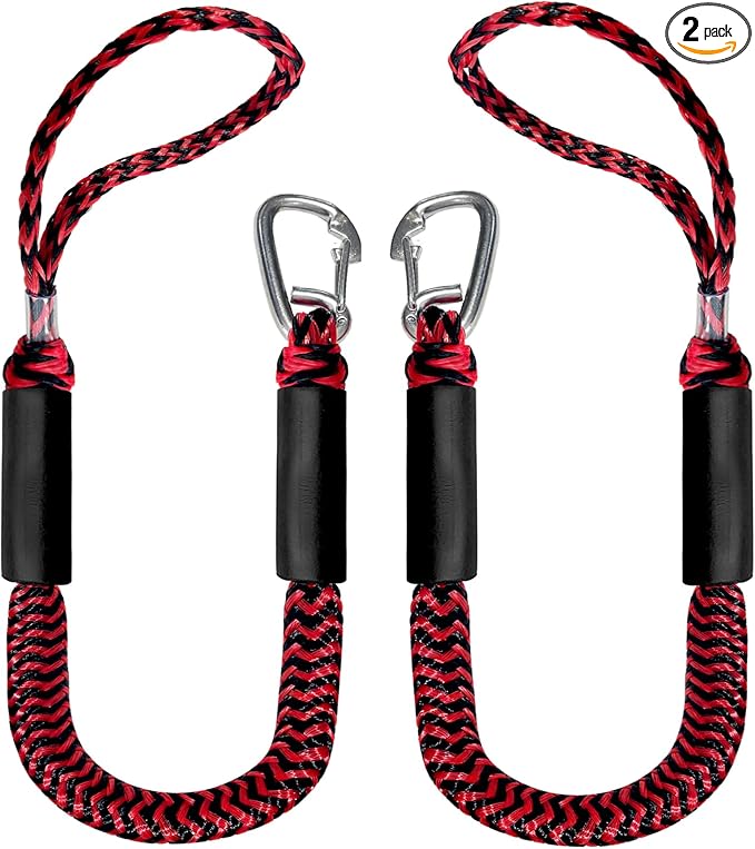 3FT Boat Dock Line Shock Absorbing Mooring Bungee Dock Lines for Boats Accessories Ideal for SeaDoo, Kayak, Pontoon, Power Boat 2PCS(Red&Black, 3FT-Single Clips)