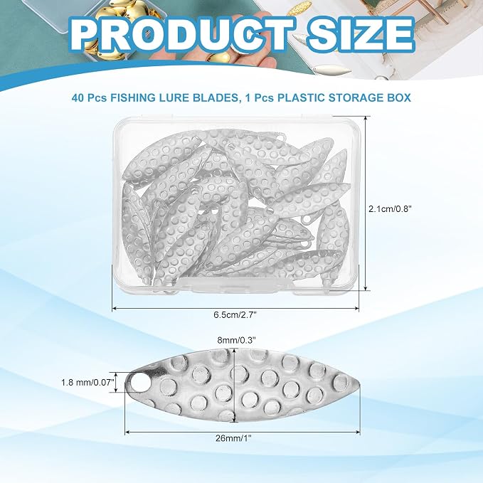 PATIKIL Fishing Lure Blades, Round Fishing Spinner Baits Willowleaf Lure Spinner Lure Making Part with Plastic Storage Box for Bait Fishing Accessories