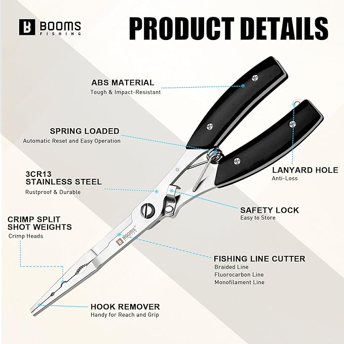 Booms Fishing Pliers Hook Remover: 8" Long Nose Fish Pliers Stainless Steel for Saltwater - Braid Line Cutters with Coiled Lanyard and Safety Lock Design, Multi-Function Fishing Tool For Men, H06