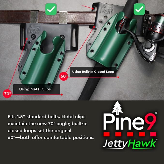 JettyHawk Fishing Rod Hip Holster, Hands-Free Quick-Draw Holder, Fits 1.5-2" Pole, for Spinning, Baitcaster, Centerpin & Surf Rods, Wading & MOLLE Belts