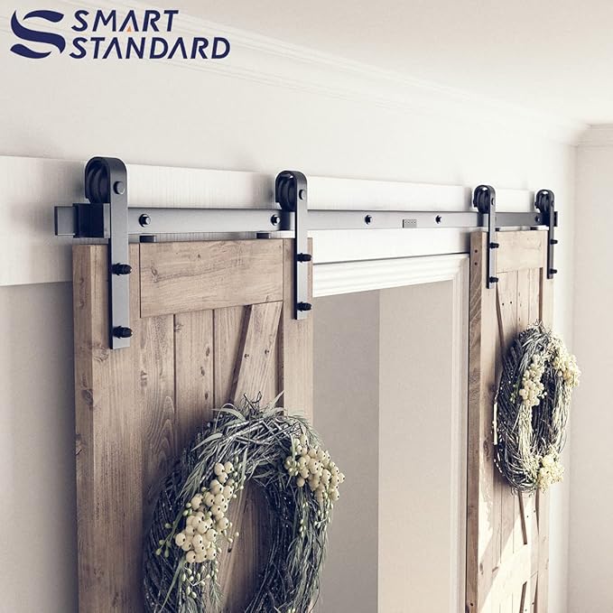 SMARTSTANDARD 8 FT Double Barn Door Hardware Kit, Sliding Door Track-Smoothly and Quietly -Includes Detailed Installation Fit 24" Wide Doorpanel (J Shape Hanger) Black