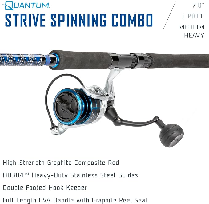 Quantum Strive Spinning Reel and Fishing Rod Combo, Graphite Composite Blank, 4+1 Bearings, Silver/Blue