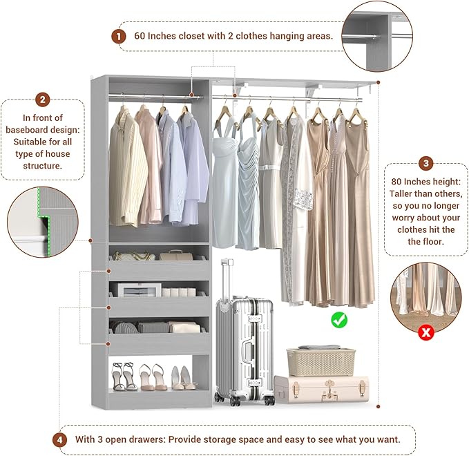 60" Wide x 80" Tall Closet System with 3 Half-Open Wooden Drawers, 5FT Closet Organizer System with 2 Hanging Rods & Removable Tower, Freestanding Wardrobe Organizer for Walk-in Bedroom, Grey