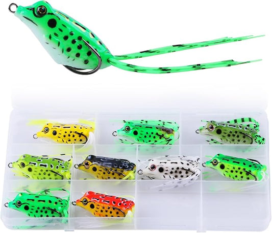 9PCS Frog Lure Kit - Topwater Fishing Lures for Bass, Snakehead & Freshwater Fish | 4.5CM 5G Soft PVC Baits with Weedless Hooks - Perfect for Dense Vegetation | Ideal Lure Set for Anglers inSaltwater
