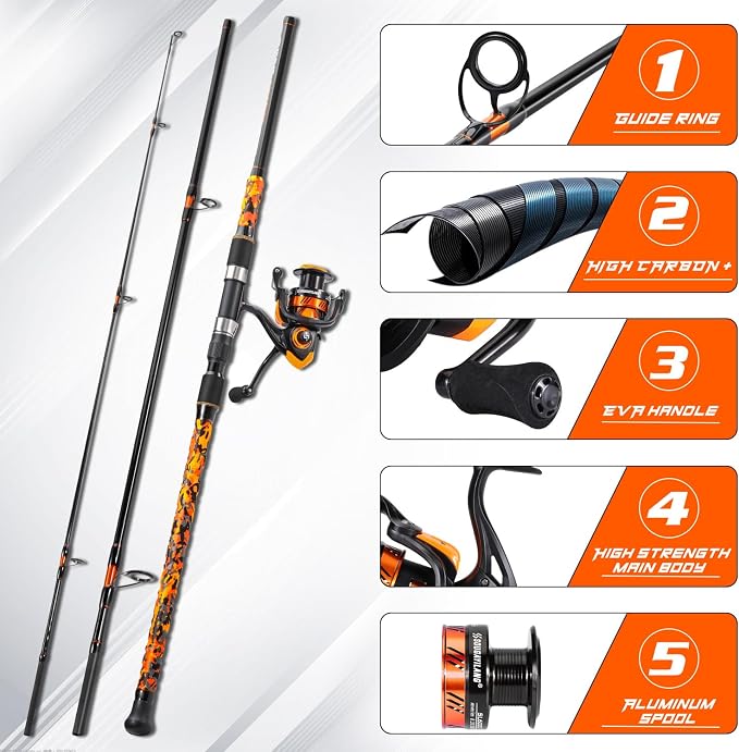 Sougayilang 3 Piece Surf Fishing Rod Combo Medium/Heavy Travel Spinning Rod with 5000 Size Reel Baitfeeder Combo(9'/10'/11'12')