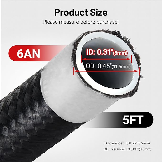 EVIL ENERGY 6AN PTFE Fuel Hose Line, AN6 Fuel Line E85 Nylon Braided 5FT Black 5/16 Inch ID