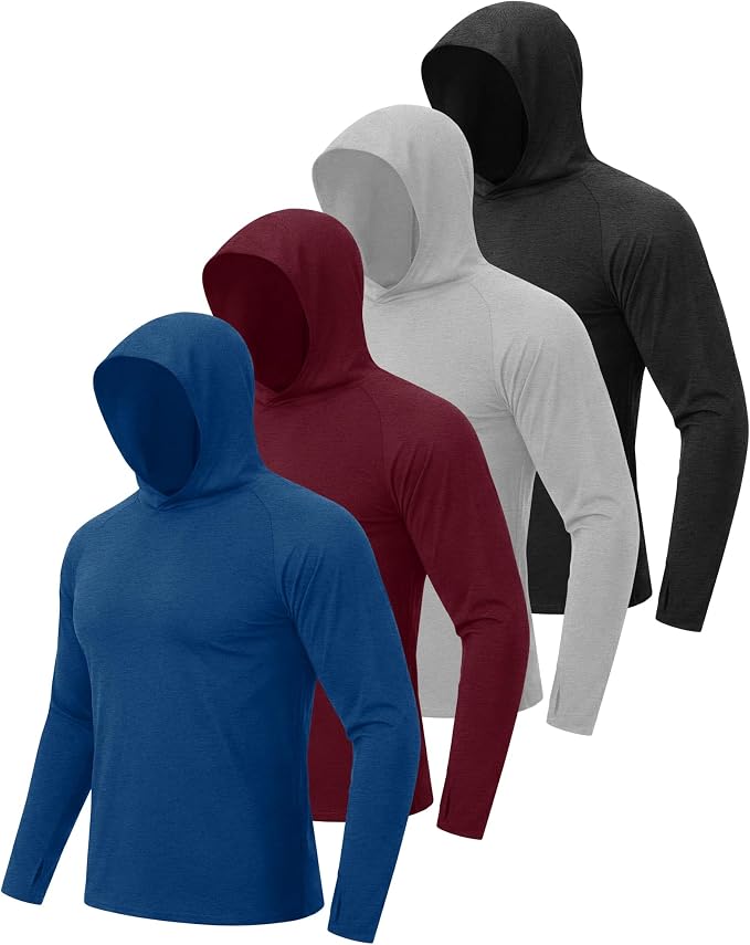 BOOJO 4 Pack Sun Hoodie for Men - UV UPF 50+ Fishing Shirts Long Sleeve Lightweight Tops for Athletic Running Gym Workout